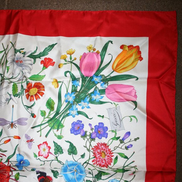 Vtg Gucci Red/White/Green/Pink/Blue Floral Design Silk Scarf - Picture 7 of 9